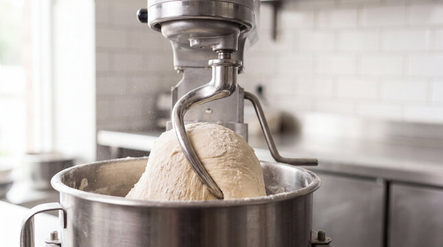 Dough mixing in stainless steel mixer on kitchen countertop  