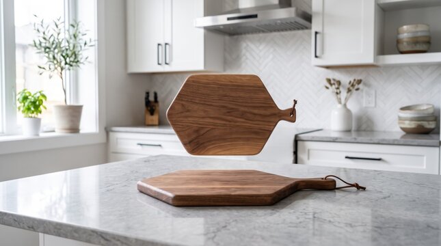 Modern hexagonal wooden cutting board floating above marble kitchen counter, showcasing cookware, culinary tools, and stylish home interior design for cooking and food preparation.