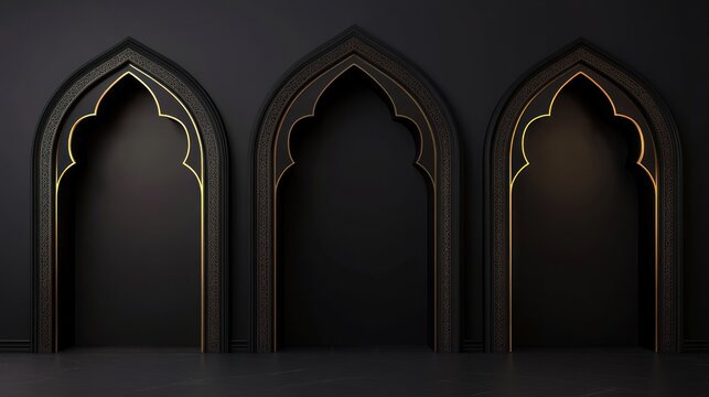 Three gothic arches dark interior gold trim
