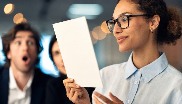Innovation leadership and inclusion female concept. A woman confidently presents a document while two colleagues react with surprise in a modern office setting.