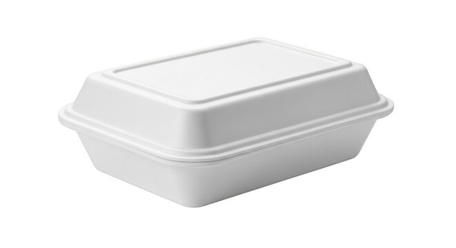 Closed white styrofoam food container for takeout meals isolated on transparent background
