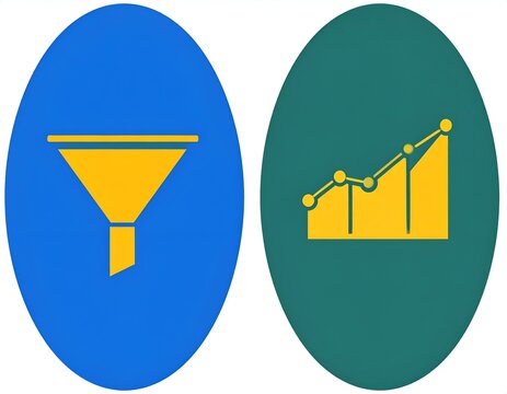 Funnel and bar chart analytics icons on colored ovals.