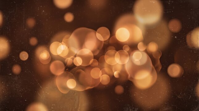 Abstract golden bokeh lights background with warm glowing orbs, vintage film grain texture overlay, festive holiday atmosphere, soft focus defocused circles for design projects