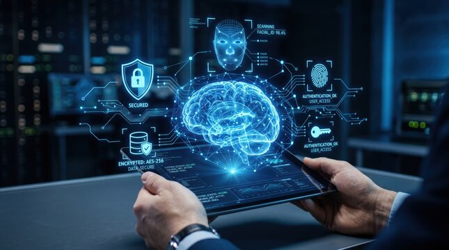 Futuristic artificial intelligence brain interface with digital security icons, biometric authentication scanning, encrypted data protection, cyber security on tablet device