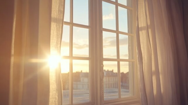 Sunlight streaming through window with curtains