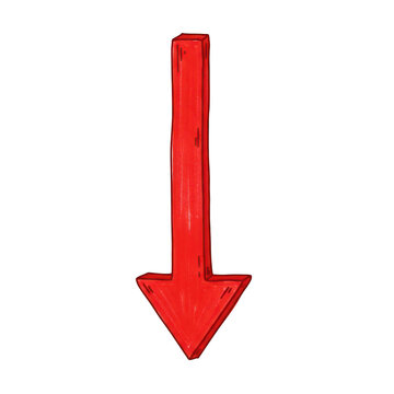 Hand drawn red arrow pointing down isolated on transparent background