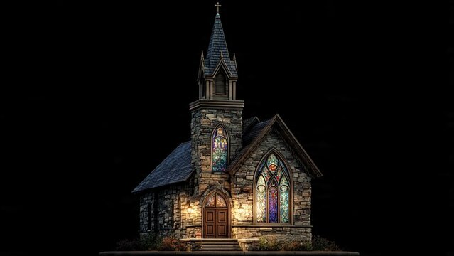Old stone church building with stained glass illuminated at night building architecture religion historic exterior religious cathedral spiritual