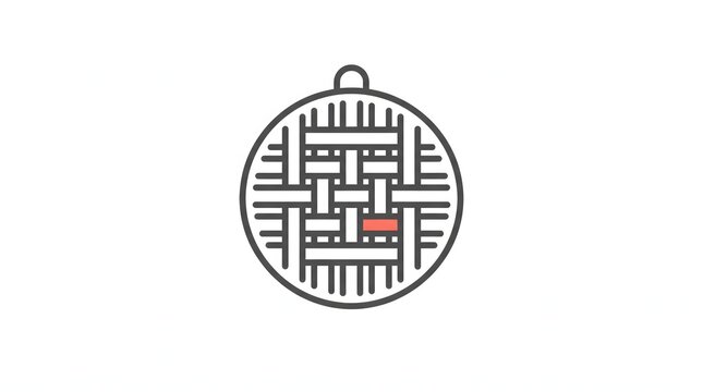Minimalist flat line icon of a woven rattan ornament ball with crosshatch weave pattern and hanging loop in clean modern vector style. Icon design concept