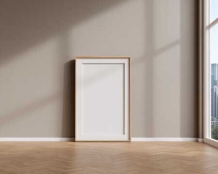 Empty wooden picture frame leaning against beige wall on herringbone floor with copy space for minimalist interior design home staging