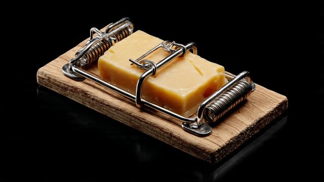 Wooden mousetrap set with yellow cheese bait on black surface pest control mousetrap mechanism household detection