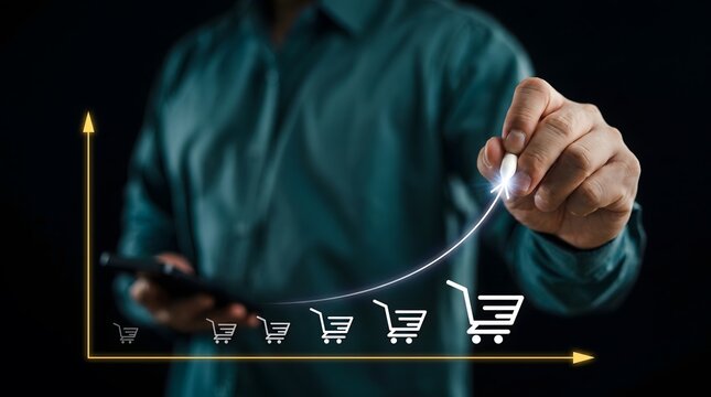 Businessman drawing growth chart with shopping cart icons on transparent screen with drawing rising sales