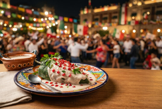 Mexican dish Chiles en nogada on holiday table with blurry street crowd celebration on background for Independence Day.