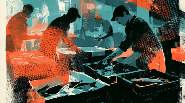 Riso Print Illustration of Fish Market Workers at Dawn.