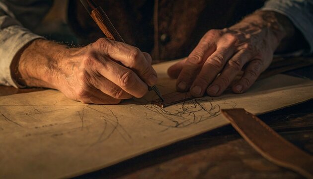 Elderly Hands Sketching on Paper With Ink Pen.