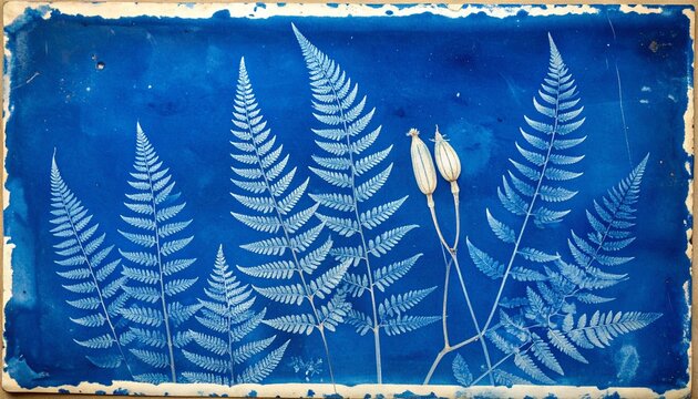Cyanotype Print of Ferns and Botanical Seed Pods.