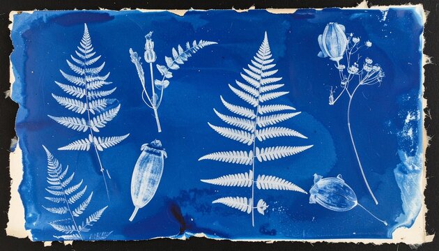 Cyanotype Print of Ferns and Botanical Seed Pods.