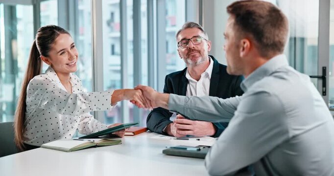 Handshake, interview and business people with tablet in office for HR and hiring opportunity. Conversation, meeting or recruitment with happy managers and candidate with tech, shaking hands or review