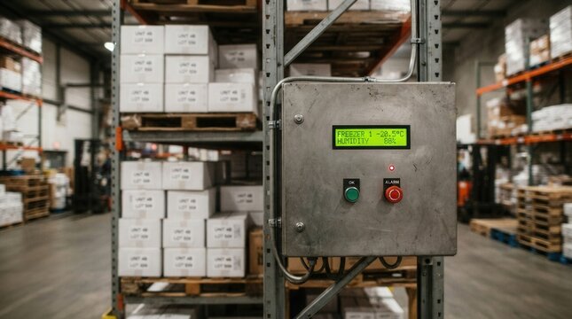 Close-up metal control panel warehouse is Industrial cold storage freezer temperature and humidity monitoring