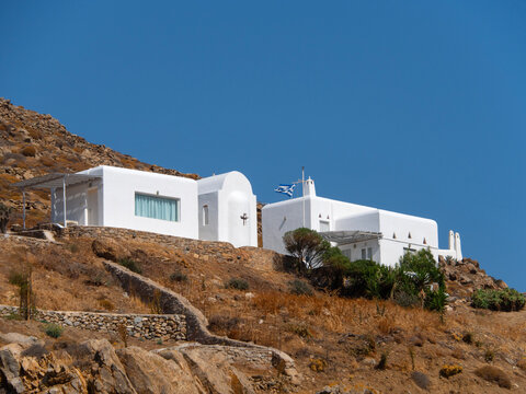 Traditional architectural style villa on the island of Mykonos in Greece.