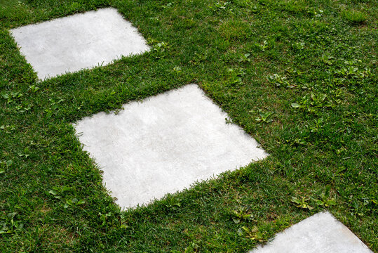 Concrete stepping stones pathway in green lawn garden with square pavers and neat grass