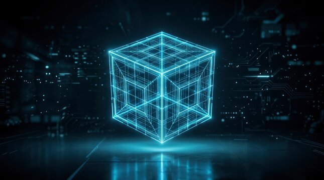 Abstract glowing digital cube structure representing futuristic technology data processing and artificial intelligence network connectivity concept