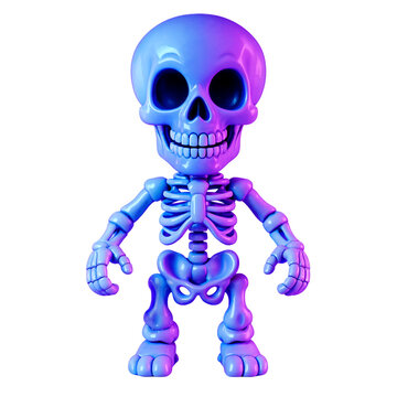 Stylized cartoon 3d render of a happy blue skeleton character with purple lighting effects transparent background