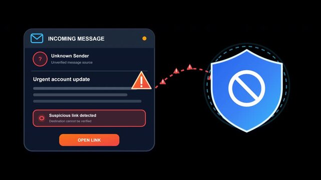 Animated phishing email warning scans a suspicious message and blocks a malicious link with a cybersecurity shield alert on a transparent background.