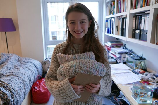 Young woman packs her belongings into a cardboard box while moving out of a dorm room, relocation and a fresh new beginning.