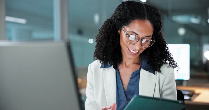 Smile, corporate and woman in office with computer, research and finance report for bookkeeping. Happy, female person and evening in workplace with tech, financial audit and data entry for investment