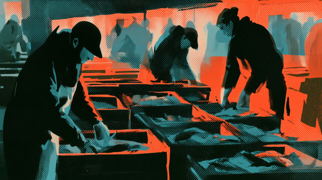 Riso Print Illustration of Fish Market Workers at Dawn.