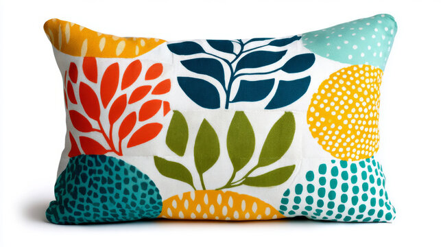 A colorful decorative throw pillow featuring an abstract botanical print with red, blue, green, and yellow patterns on a white background.