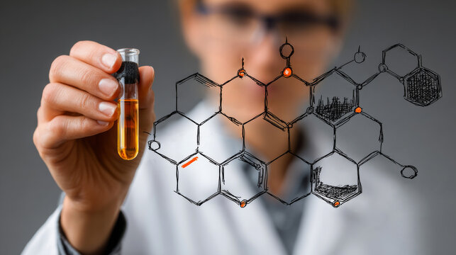 A scientist holding a test tube with orange liquid next to a digital overlay of a complex chemical molecular structure.