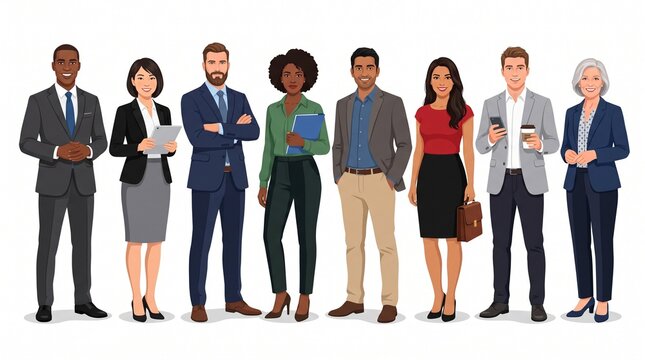 eight diverse business professionals standing together in formal corporate attire on a plain white background