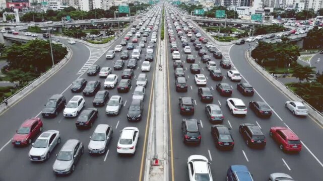 Aerial view showing busy city road with many cars traffic jam during rush hour, high angle view from drone moving footage with slow motion.