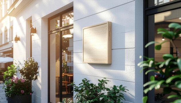 ブランディングや店舗ロゴ提案を引き立てる、自然光が差し込むカフェ外観と木製看板モックアップ