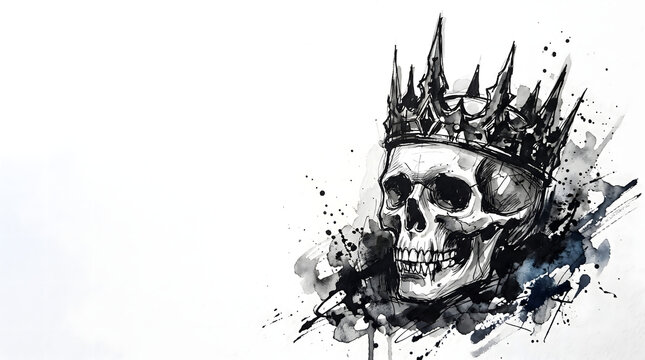 Skull With Dark Spiky Crown Abstract Ink Watercolor White Background Right Positioned