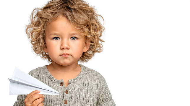 A young curly-haired toddler in a light gray knit top holds a white origami paper plane, with a slightly pouty expression, set against a plain pure white background.


