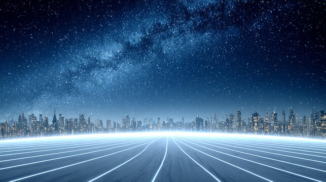 This is a futuristic digital art scene: glowing linear roads stretch toward the horizon, leading to a hazy modern city skyline, under a deep blue night sky dotted with the luminous Milky Way, rendered