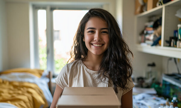 Young woman packs her belongings into a cardboard box while moving out of a dorm room, relocation and a fresh new beginning.