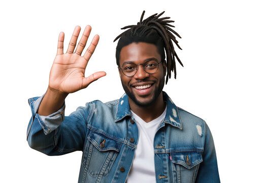 Happy young man waving hello with his hand isolated on transparent background
