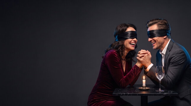 Handsome man and beautiful woman wearing matching silk blindfolds joyously laughing and holding hands across candlelit table against minimalist dark background with copy space