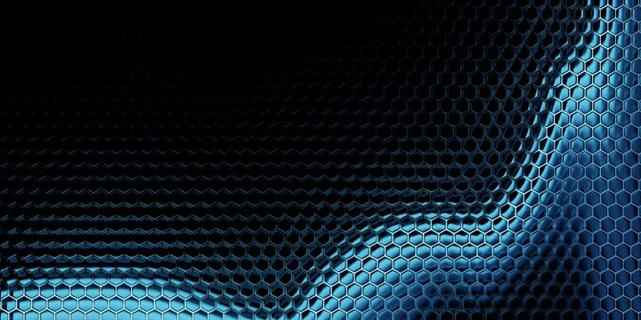 Abstract transparent blue glass hexagon background with glowing wave and futuristic geometric pattern