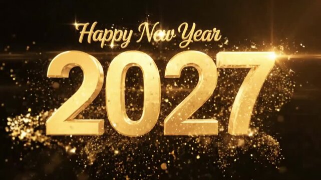 Numbers twenty twenty seven appear in golden three dimensional text against a dark background with sparkles.