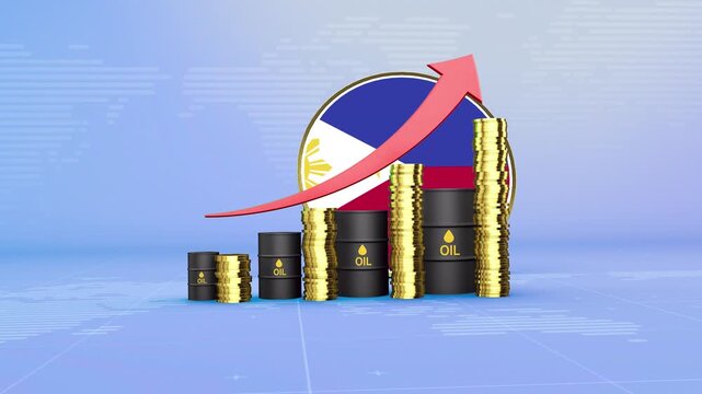 Philippines Oil Prices Rising with Oil Barrels, Gold Coins and Upward Red Arrow, 3D Economic and Financial Market Concept