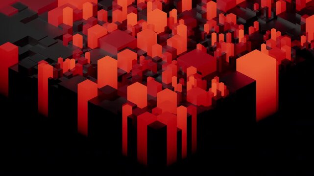 Looping 3d animation of randomly moving red and black geometric cubes, seamless abstract data visualization background. 3d rendering not AI