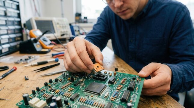 Person hands holding small electronic chip front circuit Technician holds processor above