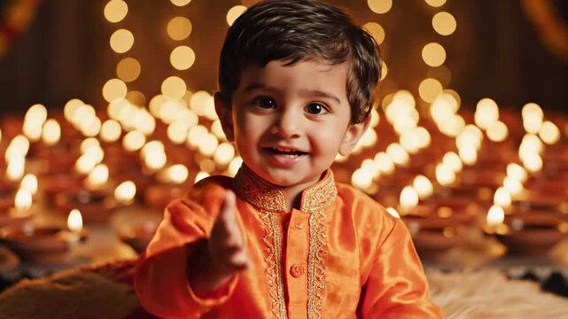 Happy Indian Child in Traditional Orange Kurta Clapping Amidst Diyas