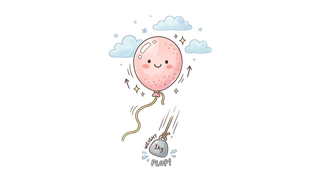A cute pink balloon happily floating upwards while a heavy weight falls from its string.