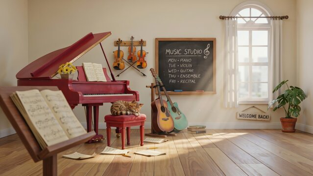 Cozy music studio room with grand piano and string musical instruments