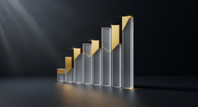 Frosted glass bar chart with gold tops arranged in ascending order representing financial growth 